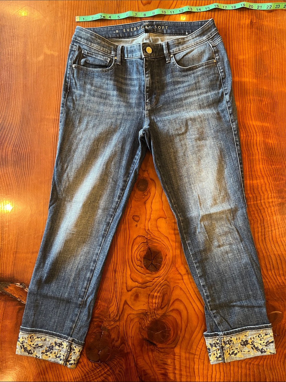 White House Black Market Dark Blue Cropped Jeans with Cuffed Floral Trim